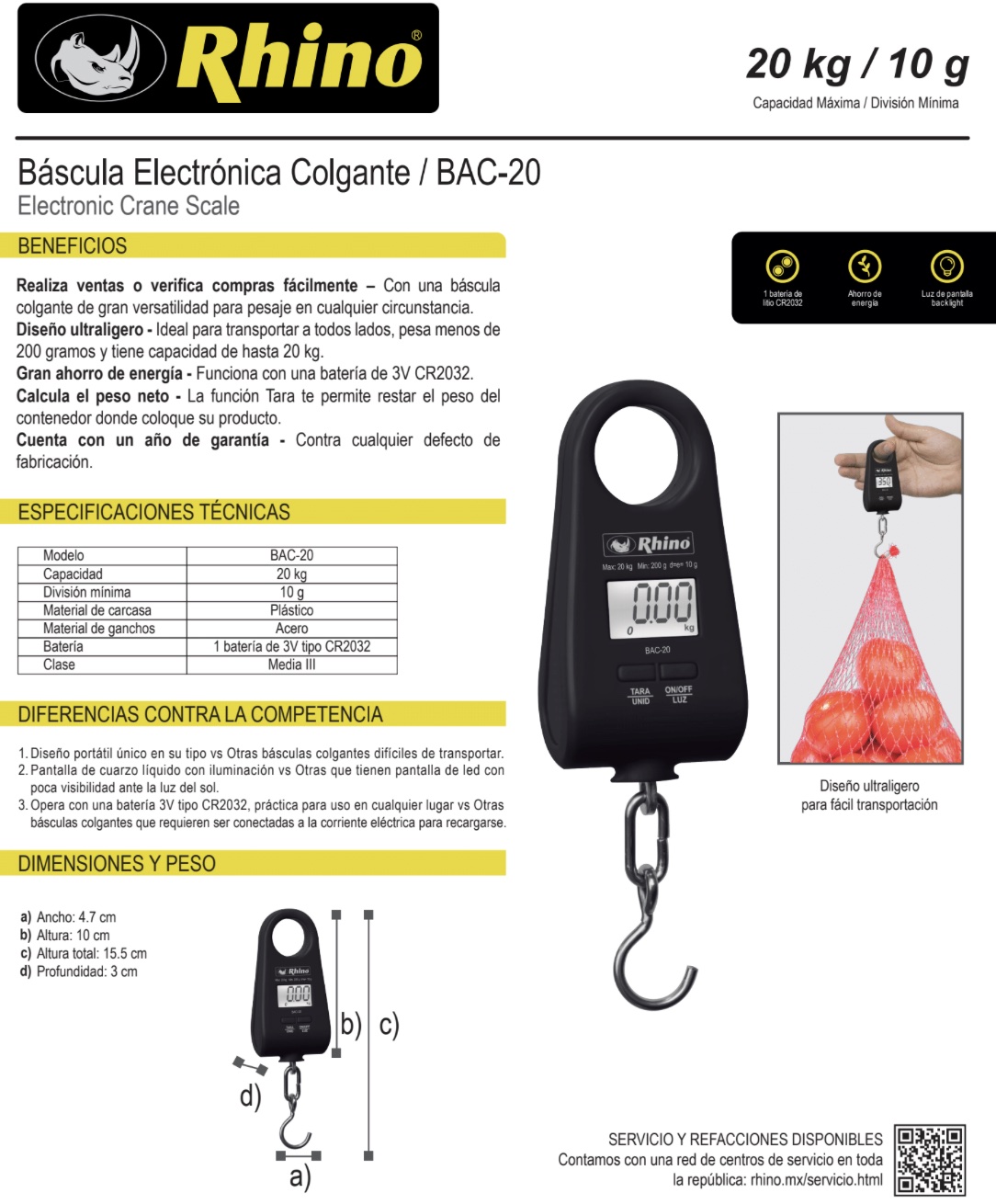 Infraestructura Inteligente  BAC-20 Rhino báscula colgante $238.00